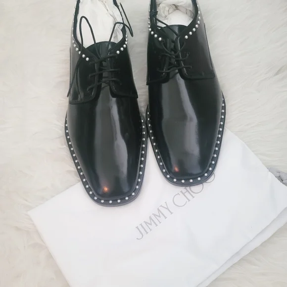 NWB Jimmy Choo Shiny Black Leather Oxford Shoe with Pearl Detailing - Picture 7 of 8